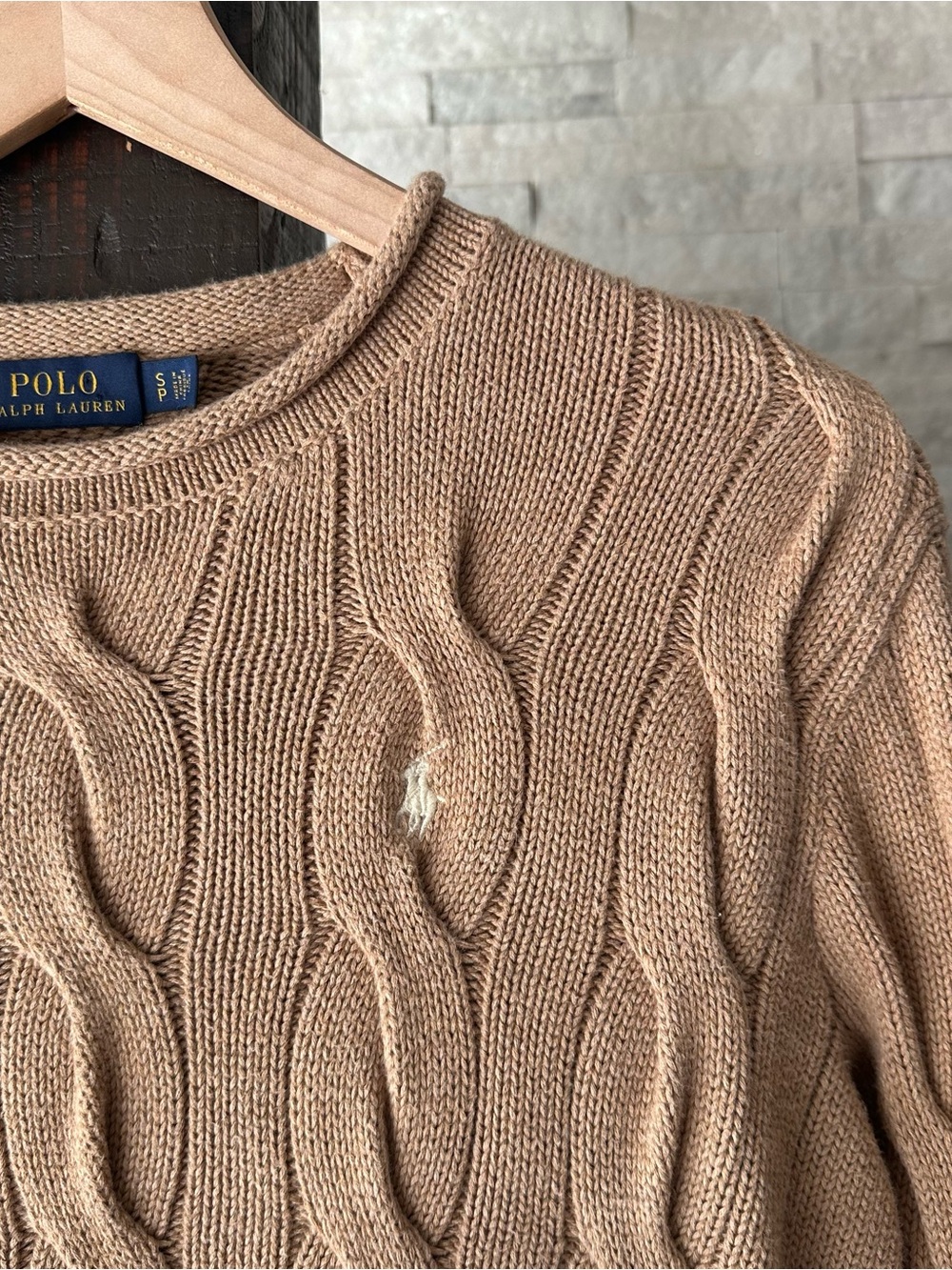 Ralph Lauren Boxy Tan Camel Melange Cable-Knit Rollneck Cotton Sweater Size S - Picture 3 of 8